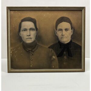 Antique 1800s Victorian Era Two Women Framed Photograph Creepy Eyes Ghostly